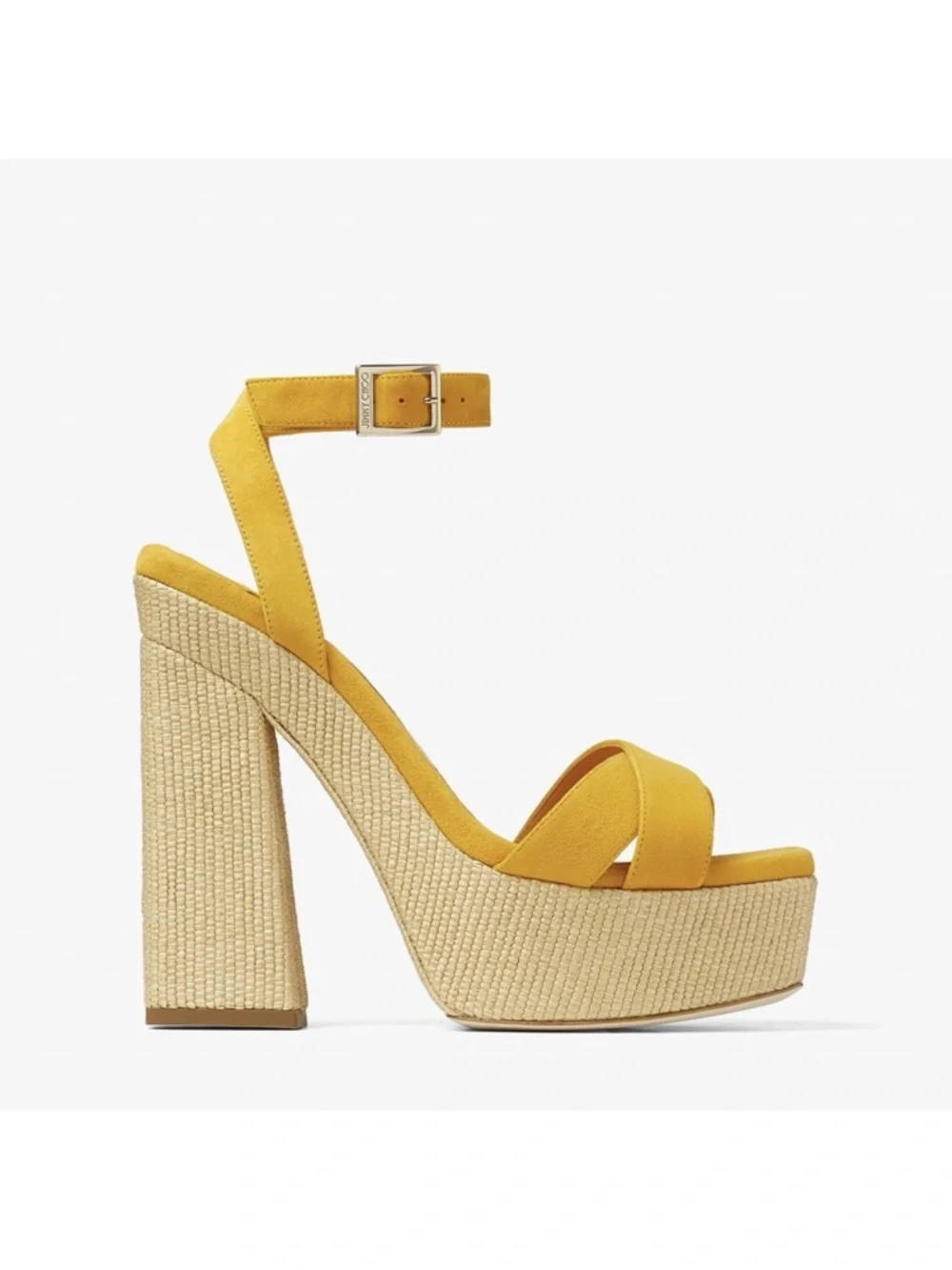 New JIMMY CHOO Gaia 140 Sunflower Suede and Natural Raffia Platform Sandals 39.5